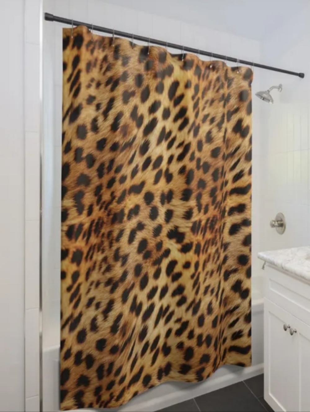 7pc Animal Safari Print Shower Curtain Set in Black and Tan New - Picture 15 of 15